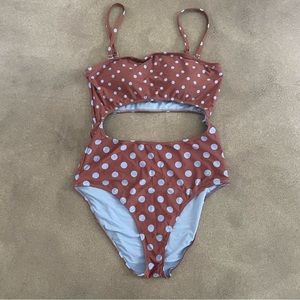 Aerie Cut Out One Piece Swimsuit Brown Blue PolkaDot XL 12 14 EUC Summer🩱
